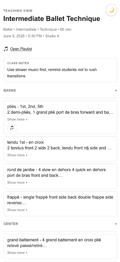 Dance Class Builder teaching view on mobile showing class structure, notes, and playlist